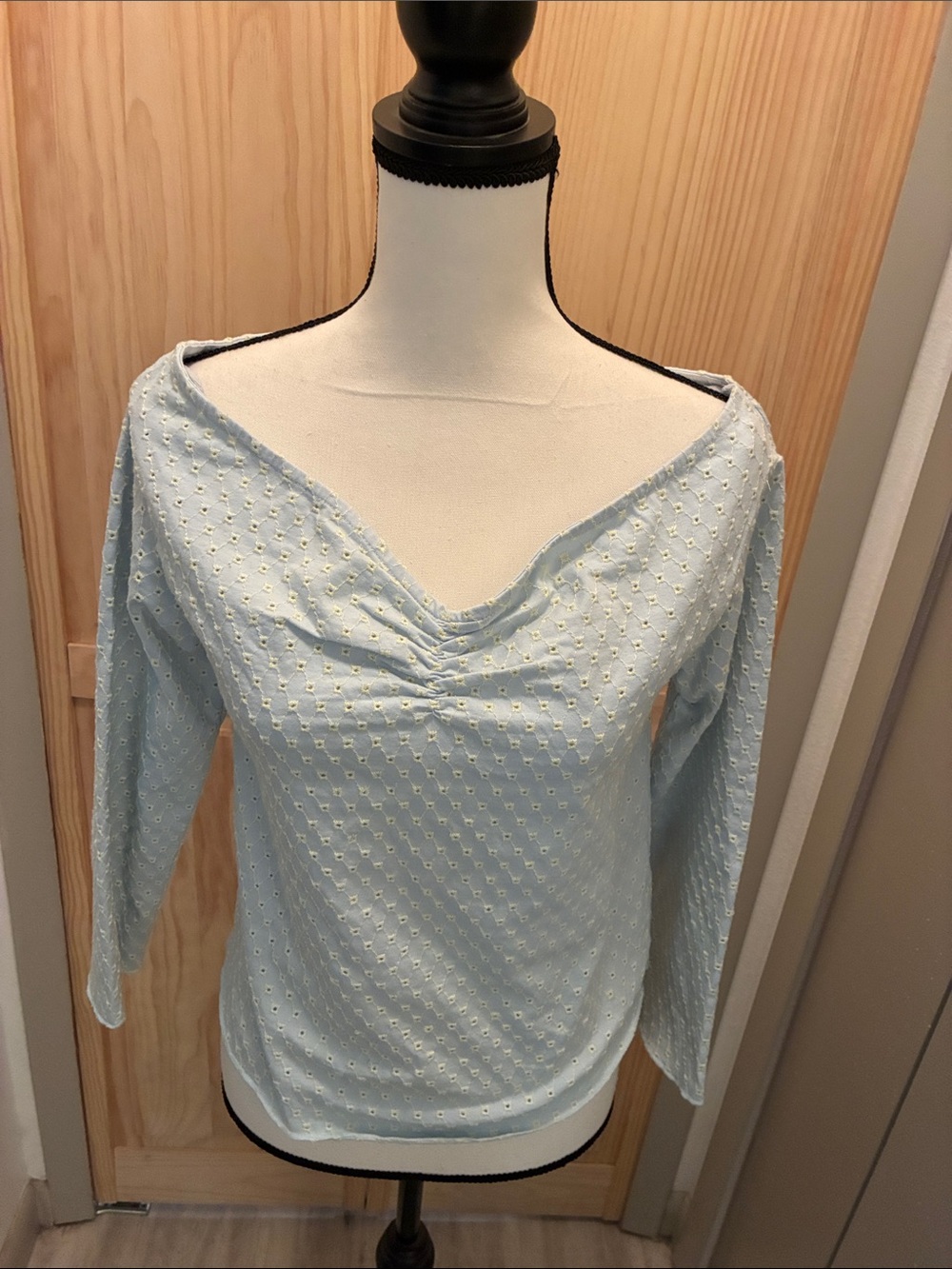 Free People Light Blue Eyelet Long Sleeve Top